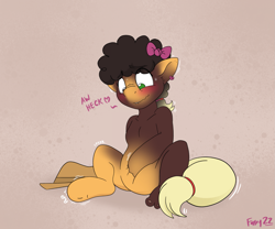 Size: 2105x1750 | Tagged: safe, artist:foxxy-arts, imported from derpibooru, applejack, earth pony, human, pony, applejack's hat, blushing, bow, cowboy hat, ear piercing, earring, featureless crotch, female, hair bow, hat, heart, human to pony, jewelry, lip bite, piercing, solo, sweat, sweatdrops, transformation