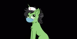 Size: 1920x966 | Tagged: safe, artist:nismorose, imported from derpibooru, oc, oc only, oc:anon, oc:filly anon, oc:green, unicorn, fanfic:trust once lost, black background, cheek fluff, chest fluff, digital art, ear fluff, fanfic art, female, filly, foal, hat, horn, link in description, looking up, mask, no cutie marks yet, nurse hat, ponytail, simple background, sitting, solo