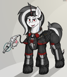 Size: 2640x3000 | Tagged: safe, artist:marusya, imported from derpibooru, oc, oc only, oc:schworz, pony, unicorn, fallout equestria, armor, hammer and sickle, horn, levitation, magic, power armor, red star, shadow, simple background, solo, sternocleidomastoid, telekinesis, weapon