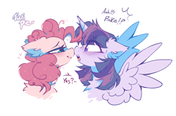 Size: 1922x1268 | Tagged: safe, artist:mirtash, imported from derpibooru, pinkie pie, twilight sparkle, alicorn, earth pony, pony, bedroom eyes, blushing, boop, bust, chest fluff, dialogue, duo, duo female, female, lesbian, looking at each other, looking at someone, mare, noseboop, open mouth, shipping, simple background, spread wings, twilight sparkle (alicorn), twinkie, white background, wings