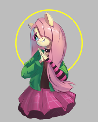 Size: 2092x2620 | Tagged: safe, artist:i love hurt, imported from derpibooru, fluttershy, anthro, pegasus, challenge, choker, clothes, draw this in your style, dtiys emoflat, emo, evening gloves, female, fingerless elbow gloves, fingerless gloves, gloves, gray background, grin, hair over one eye, halo, hands together, jacket, long gloves, looking up, plaid skirt, simple background, skirt, smiling, solo, spiked choker, striped gloves