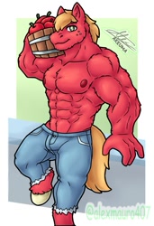Size: 515x755 | Tagged: safe, artist:alexmauro407, imported from derpibooru, big macintosh, anthro, earth pony, unguligrade anthro, abs, apple, clothes, food, great macintosh, hooves, looking at you, male, male nipples, muscles, muscular male, nipples, nudity, pants, partial nudity, pecs, red body, solo, stupid sexy big macintosh, tail, topless