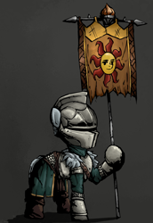 Size: 1426x2070 | Tagged: safe, artist:uteuk, imported from derpibooru, earth pony, pony, armor, banner, darkest dungeon, helmet, knight, simple background, solo, style emulation, sun