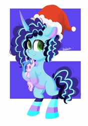 Size: 2039x2893 | Tagged: safe, artist:skylinepony_, imported from derpibooru, izzy moonbow, pony, unicorn, spoiler:g5, bipedal, christmas, clothes, cute, doll, g5, hat, high res, holiday, misty brightdawn, mistybetes, santa hat, simple background, smiling, socks, solo, striped socks, toy, white background