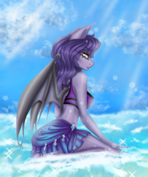 Size: 1332x1600 | Tagged: safe, artist:agleo, imported from derpibooru, oc, oc only, oc:amelia valkyria, anthro, bat pony, unguligrade anthro, beach, clothes, solo, swimsuit, water, wings, yellow eyes