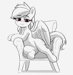 Size: 1464x1506 | Tagged: safe, artist:pabbley, imported from derpibooru, rainbow dash, pegasus, pony, armchair, bedroom eyes, belly button, chair, cute, dashabetes, eyebrows, eyebrows visible through hair, female, grayscale, looking at you, mare, monochrome, partial color, simple background, sitting, smiling, smiling at you, solo, white background, wide hips