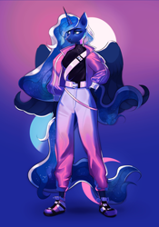 Size: 2000x2863 | Tagged: safe, artist:orfartina, imported from derpibooru, princess luna, alicorn, anthro, plantigrade anthro, clothes, female, full moon, gradient background, high res, jacket, moon, pants, shoes, solo