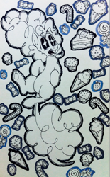 Size: 697x1122 | Tagged: safe, artist:kluzart, imported from derpibooru, pinkie pie, pony, cake, candy, food, ice cream, lollipop, muffin, solo, tongue out, traditional art