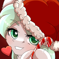 Size: 2500x2500 | Tagged: safe, artist:kaintaniel, imported from derpibooru, oc, oc only, oc:mint shine, pony, candy, candy cane, christmas, commission, food, hat, heart, holiday, mint hair, santa hat, solo, white fur, ych result