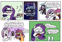 Size: 3224x2202 | Tagged: safe, artist:punkittdev, imported from derpibooru, scootaloo, sweetie belle, earth pony, pegasus, pony, unicorn, annoyed, cellphone, comic, dialogue, glasses, hand, phone, singing, smartphone, vulgar