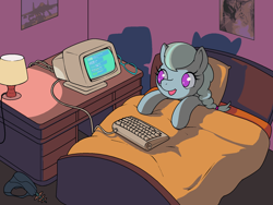 Size: 1600x1200 | Tagged: safe, artist:darkdoomer, silver spoon, cat, bed, computer, female, filly, glasses off, keyboard, looking at something, poster, sleep tight, solo, weapon