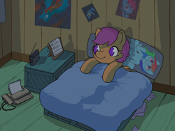 Size: 1600x1200 | Tagged: safe, artist:darkdoomer, rainbow dash, scootaloo, bed, bedsheets, box, clubhouse, dakimakura cover, fax machine, female, filly, imageboard, looking at something, meme, night, pallet, picture frame, poster, radio, sleep tight, solo, thread