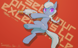 Size: 1920x1200 | Tagged: safe, artist:darkdoomer, silver spoon, action pose, design, female, filly, gun, phaser, ray gun, red background, simple background, solo, weapon