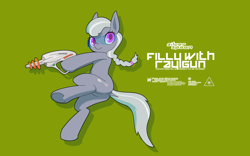 Size: 3840x2400 | Tagged: safe, alternate version, artist:darkdoomer, imported from ponybooru, silver spoon, earth pony, semi-anthro, action pose, design, dock, energy weapon, female, filly, foal, green background, gun, hoof hold, phaser, ray gun, science fiction, simple background, solo, vulgar, weapon