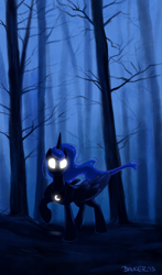 Size: 2000x3404 | Tagged: safe, artist:lopoddity, imported from twibooru, princess luna, alicorn, pony, 2013, artifact, banned from derpibooru, dark, female, forest, glowing eyes, image, mare, png, rearing, solo, tree