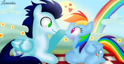 Size: 1980x1020 | Tagged: safe, artist:mlplary6, imported from derpibooru, rainbow dash, soarin', pegasus, pony, blushing, cloud, female, flower, heart, looking at each other, looking at someone, love, lying down, male, mare, ponyloaf, prone, rainbow, romantic, shipping, sky, smiling, smiling at each other, soarindash, stallion, straight, sun
