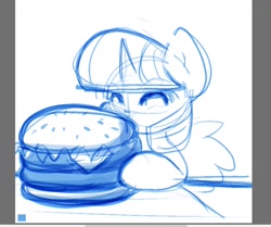 Size: 1030x861 | Tagged: safe, alternate version, artist:zutcha, imported from derpibooru, twilight sparkle, alicorn, pony, burger, cute, eating, eyes closed, female, food, giant food, hoof hold, imminent stuffing, mare, monochrome, simple background, sketch, solo, that pony sure does love burgers, twiabetes, twilight burgkle, twilight sparkle (alicorn), white background
