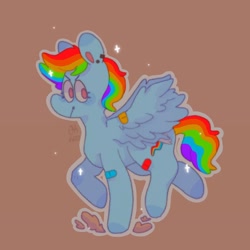 Size: 1440x1440 | Tagged: safe, artist:ariariari.png, imported from derpibooru, rainbow dash, pegasus, pony, bandaid, brown background, ear piercing, piercing, simple background, solo