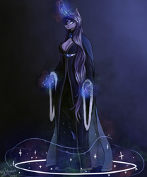 Size: 5000x6000 | Tagged: safe, artist:stardustspix, imported from derpibooru, oc, oc:andromeda arcanum, anthro, pony, unicorn, absolute cleavage, absurd resolution, black eyeshadow, blue eyes, breasts, cape, cleavage, clothes, eyeshadow, female, gem, glowing, horn, horseshoes, jewelry, levitation, magic, magic aura, makeup, mare, necklace, purple coat, robe, solo, sparkles, telekinesis