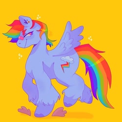 Size: 768x768 | Tagged: safe, artist:ariariari.png, imported from derpibooru, rainbow dash, pegasus, pony, bandaid, bandaid on nose, ear piercing, piercing, simple background, solo, yellow background