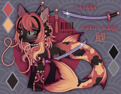 Size: 4412x3439 | Tagged: safe, artist:loxord666, imported from derpibooru, oc, oc only, oc:eitatsu, pony, seapony (g4), belt, bracelet, clothes, ear piercing, earring, female, japanese, jewelry, katana, mare, markings, necklace, piercing, reference sheet, seapony oc, solo, sword, vest, weapon, whiskers