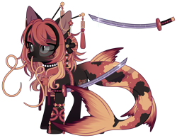 Size: 4412x3439 | Tagged: safe, alternate version, artist:loxord666, imported from derpibooru, oc, oc only, oc:eitatsu, pony, seapony (g4), belt, bracelet, clothes, ear piercing, earring, female, japanese, jewelry, katana, mare, markings, necklace, piercing, seapony oc, simple background, solo, sword, transparent background, vest, weapon, whiskers