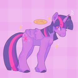 Size: 1440x1440 | Tagged: safe, artist:ariariari.png, imported from derpibooru, twilight sparkle, alicorn, pony, colored hooves, plaid background, price tag, solo, sparkles, twilight sparkle (alicorn)