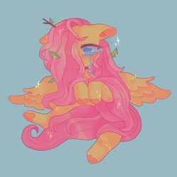 Size: 1440x1440 | Tagged: safe, artist:ariariari.png, imported from derpibooru, fluttershy, pegasus, pony, blue background, crying, leaves, leaves in hair, long hair, simple background, solo, stick