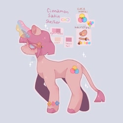 Size: 1440x1440 | Tagged: safe, artist:ariariari.png, imported from derpibooru, oc, oc only, oc:cinnamon satin, hybrid, mule, pony, unicorn, blue background, bracelet, horn, jewelry, leonine tail, muleicorn, neurodivergent, pronouns, reference sheet, simple background, solo, tail, unicorn oc