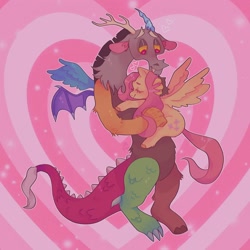 Size: 1440x1440 | Tagged: safe, artist:ariariari.png, imported from derpibooru, discord, fluttershy, draconequus, pegasus, pony, blushing, discoshy, duo, female, heart, heart eyes, hug, male, shipping, straight, wingding eyes