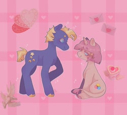 Size: 1440x1296 | Tagged: safe, artist:ariariari.png, imported from derpibooru, star tracker, oc, oc:cinnamon satin, earth pony, pony, unicorn, leonine tail, looking at each other, looking at someone, tail