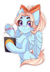 Size: 633x897 | Tagged: safe, artist:falafeljake, imported from derpibooru, oc, oc only, pegasus, pony, belly, bipedal, bow, bronucon, bronucon 2023, bronukon, chest fluff, female, hair bow, mare, partially open wings, pen, simple background, solo, tablet, transparent background, wings