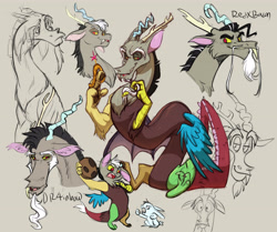 Size: 6000x5026 | Tagged: safe, artist:chub-wub, imported from derpibooru, angel bunny, discord, draconequus, rabbit, absurd resolution, animal, beard, cookie, duo, duo male, facial hair, fangs, food, gray background, jewelry, male, multeity, open mouth, signature, simple background, sketch, sketch dump, style emulation, tiara, young discord