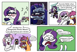 Size: 3242x2210 | Tagged: safe, artist:punkittdev, imported from derpibooru, scootaloo, sweetie belle, earth pony, pegasus, pony, unicorn, annoyed, cellphone, comic, dialogue, female, filly, foal, glasses, hand, high res, mare, phone, singing, smartphone, suddenly hands, trio, vulgar