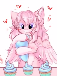 Size: 1200x1600 | Tagged: safe, artist:falafeljake, imported from derpibooru, oc, oc:fluffle puff, pegasus, pony, belly, bipedal, blushing, cupcake, female, food, frosting, heart, icing bag, licking, licking lips, mare, solo, spread wings, tongue out, wings