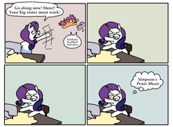 Size: 3029x2230 | Tagged: safe, artist:punkittdev, imported from derpibooru, rarity, scootaloo, sweetie belle, pegasus, pony, unicorn, annoyed, comic, dialogue, female, glasses, high res, mare, sewing machine, singing, speech bubble, thought bubble, trio, vulgar