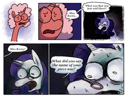 Size: 2900x2180 | Tagged: safe, artist:punkittdev, imported from derpibooru, rarity, oc, oc:soy milk, pony, unicorn, close-up, comic, dialogue, duo, female, glasses, horrified, mare, nervous sweat, speech bubble, sweat