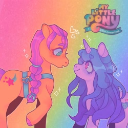 Size: 1440x1440 | Tagged: safe, artist:ariariari.png, imported from derpibooru, izzy moonbow, sunny starscout, earth pony, pony, unicorn, blushing, braid, braided ponytail, duo, female, g5, izzyscout, lesbian, looking at each other, looking at someone, mare, my little pony: a new generation, ponytail, shipping, smiling