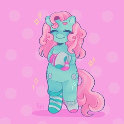 Size: 1440x1440 | Tagged: safe, artist:ariariari.png, imported from derpibooru, minty, earth pony, pony, bipedal, clothes, g3, smiling, socks, solo, sparkles