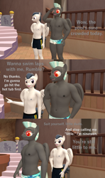 Size: 1920x3240 | Tagged: safe, artist:papadragon69, imported from derpibooru, rumble, thunderlane, anthro, pegasus, comic:what happens underneath the surface..., 3d, brothers, clothes, comic, hot tub, male, male nipples, nipples, older, older rumble, siblings, source filmmaker, sunglasses, swimsuit