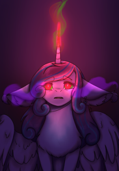 Size: 1640x2360 | Tagged: safe, artist:kaiponpon, imported from derpibooru, princess flurry heart, alicorn, pony, colored horn, corrupted, curved horn, dark magic, earpiece, floppy ears, gradient background, horn, magic, open mouth, solo, sombra eyes, sombra horn, spread wings, wings