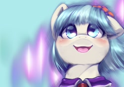 Size: 2388x1668 | Tagged: safe, artist:kurogewapony, imported from derpibooru, coco pommel, earth pony, pony, abstract background, blushing, bust, cocobetes, cute, female, low angle, mare, one ear down, open mouth, open smile, smiling, solo