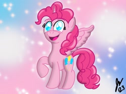 Size: 2160x1620 | Tagged: safe, artist:jesslmc16, imported from derpibooru, pinkie pie, alicorn, alicornified, colored, digital art, fanart, female, full body, horn, looking at you, mare, pinkiecorn, princess, princess pinkie pie, procreate app, race swap, raised hoof, signature, smiling, smiling at you, sparkles, wings, xk-class end-of-the-world scenario
