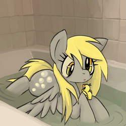 Size: 949x946 | Tagged: safe, artist:muffinz, imported from derpibooru, derpy hooves, pegasus, pony, :o, bath, bathtub, cute, derpabetes, female, lying down, mare, open mouth, prone, rubber duck, solo, spread wings, water, wings