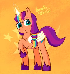 Size: 986x1035 | Tagged: safe, artist:ismazhecat, imported from derpibooru, sunny starscout, alicorn, earth pony, pony, alicornified, cute, female, g5, magic, mane stripe sunny, mare, my little pony: tell your tale, race swap, raised hoof, solo, sunnybetes, sunnycorn, wings