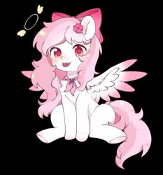 Size: 286x307 | Tagged: artist needed, safe, imported from derpibooru, oc, oc only, oc:bubble cloud, pegasus, pony, black background, bow, chest fluff, clothes, female, hair bow, hairpin, mare, scarf, simple background, sitting, solo, spread wings, wings