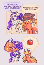 Size: 1376x2048 | Tagged: safe, artist:pastacrylic, imported from derpibooru, applejack, rarity, alternate cutie mark, alternate design, alternate hairstyle, apple, chest fluff, comic, dialogue, eyes closed, female, food, lesbian, lidded eyes, looking at each other, looking at someone, rarijack, shipping, smiling, that pony sure does love apples, thought bubble