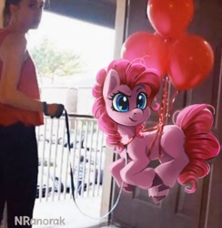 Size: 1080x1108 | Tagged: safe, artist:anoraknr, imported from derpibooru, pinkie pie, earth pony, human, pony, balloon, clothes, collar, cute, diapinkes, door, female, floating, flying, irl, leash, missing cutie mark, photo, photoshop, ponies in real life, ponified animal photo, pony pet, ponytail, real life background, skirt, tail, then watch her balloons lift her up to the sky