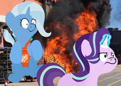 Size: 800x569 | Tagged: safe, artist:blitzypony, imported from derpibooru, starlight glimmer, trixie, pony, unicorn, apron, clothes, female, fire, hair tie, home depot, irl, mare, name tag, photo, photoshop