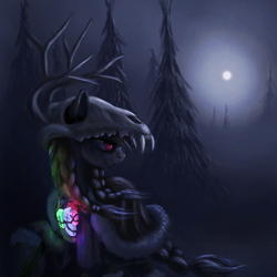Size: 3000x3000 | Tagged: safe, artist:dr-fade, imported from derpibooru, oc, oc only, pony, braid, dark, forest, moon, night, skull, solo, tree, twin braids